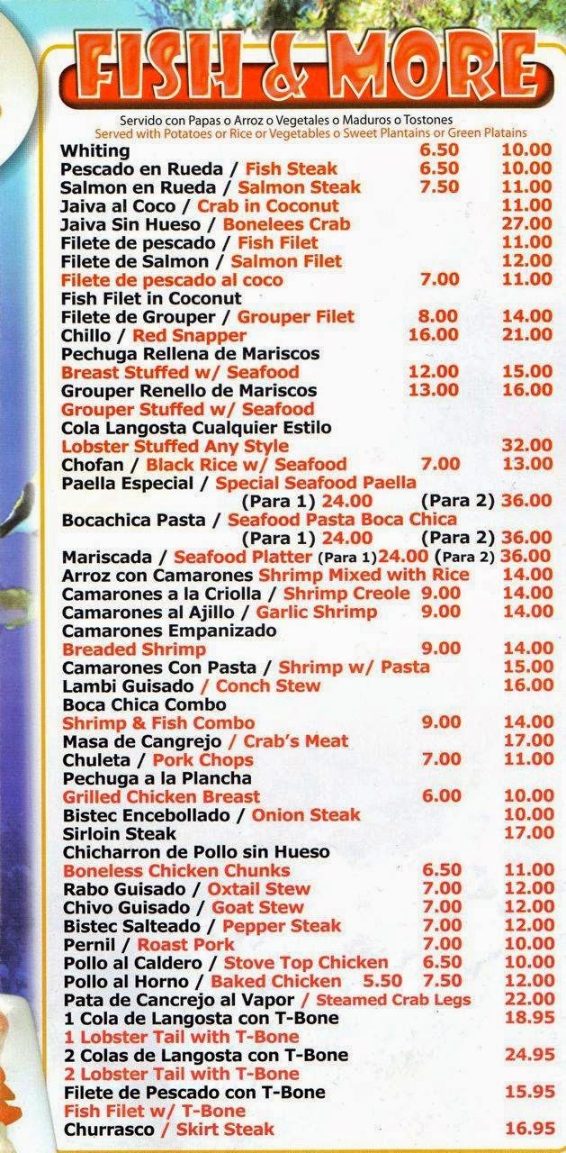 Menu page with seafood, chicken, and steak.