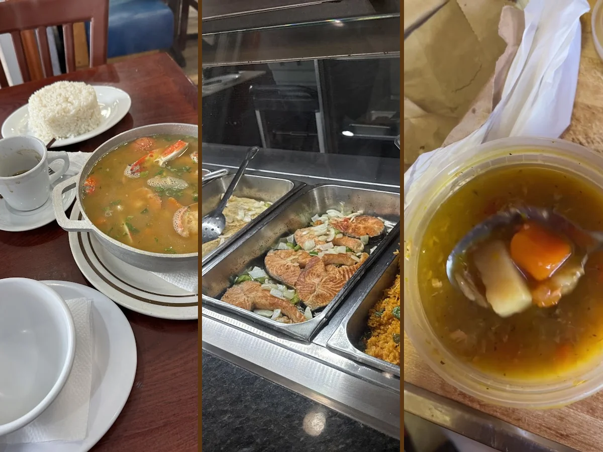 Seafood dishes on a casual restaurant table.