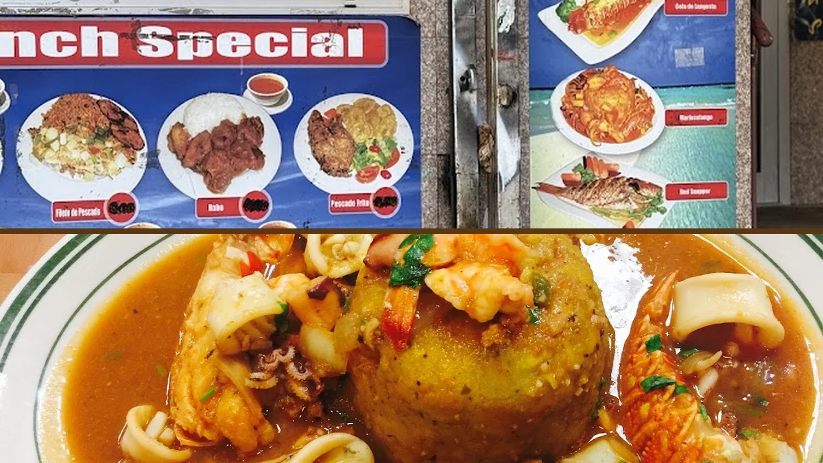 Seafood dishes on a casual restaurant table.