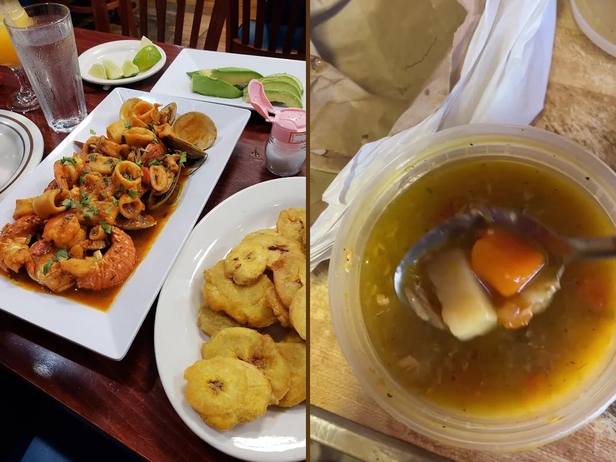 Seafood dishes on a casual restaurant table.